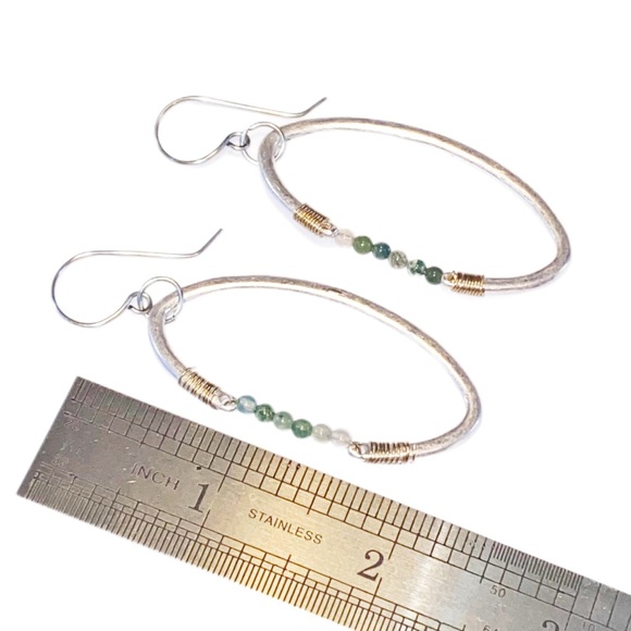 Silver Hoop Dangle Earrings with Green Moss Agate - Picture 4 of 6